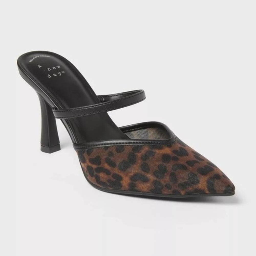 A New Day Sonia Leopard Mesh Stiletto Heels Brown Animal Print Mules Size 9.5